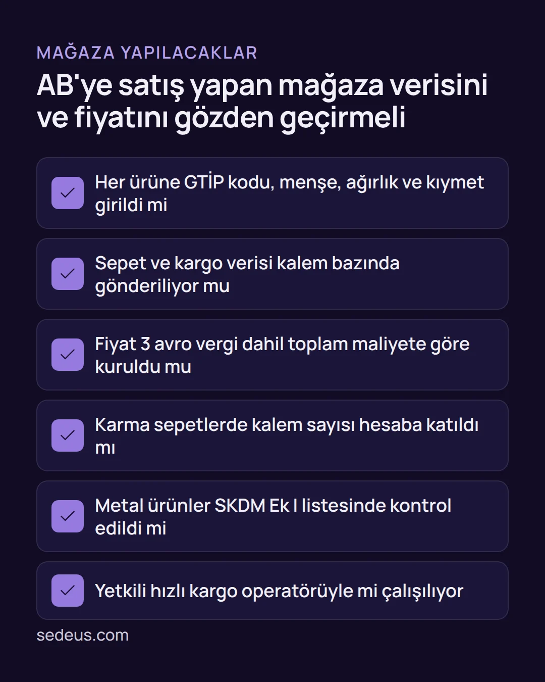 AB'ye e-ticaret ihracatı - AB'ye e-ticaret ihracatı 2026: SKDM ve 150 avro kuralı Kontrol listesi: AB'ye e-ticaret ihracatı yapan mağazanın tarife kodu, kalem bazlı kargo verisi, fiyatlama, karma sepet ve operatör kontrolleri.