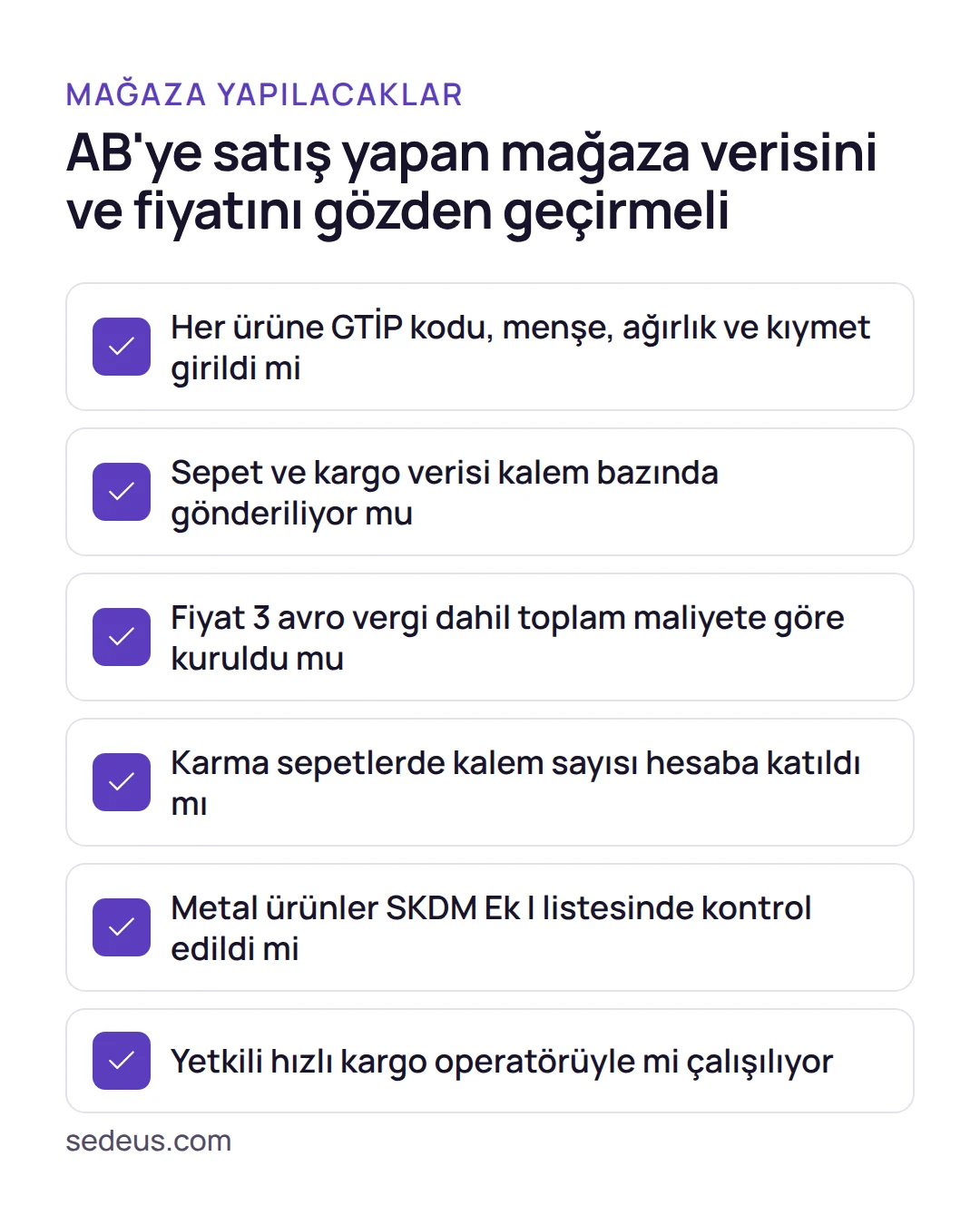 Kontrol listesi: AB'ye e-ticaret ihracatı yapan mağazanın tarife kodu, kalem bazlı kargo verisi, fiyatlama, karma sepet ve operatör kontrolleri.
