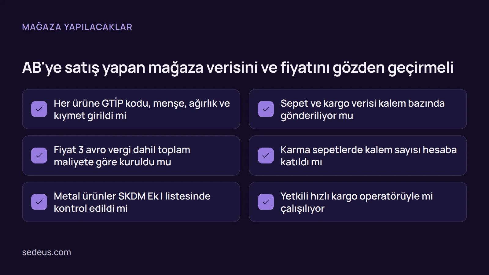 Kontrol listesi: AB'ye e-ticaret ihracatı yapan mağazanın tarife kodu, kalem bazlı kargo verisi, fiyatlama, karma sepet ve operatör kontrolleri.