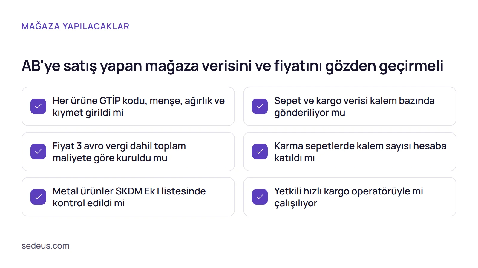 Kontrol listesi: AB'ye e-ticaret ihracatı yapan mağazanın tarife kodu, kalem bazlı kargo verisi, fiyatlama, karma sepet ve operatör kontrolleri.