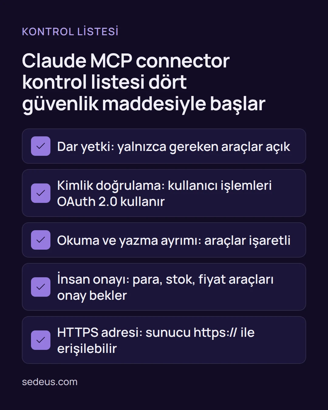 claude mcp connector - Claude MCP Connector Nedir? 12 Maddelik Kontrol Listesi Kontrol listesi: Claude MCP connector güvenliği için dar yetki, kimlik doğrulama, okuma ve yazma ayrımı ile insan onayı kontrol edilir.