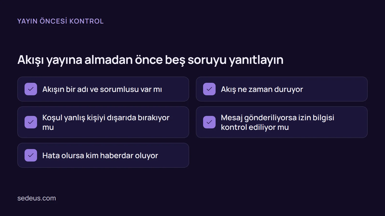 Kontrol listesi: crm iş akışı yayına alınmadan önce sahip, durma koşulu, test, izin ve hata bildirimi kontrol edilir.