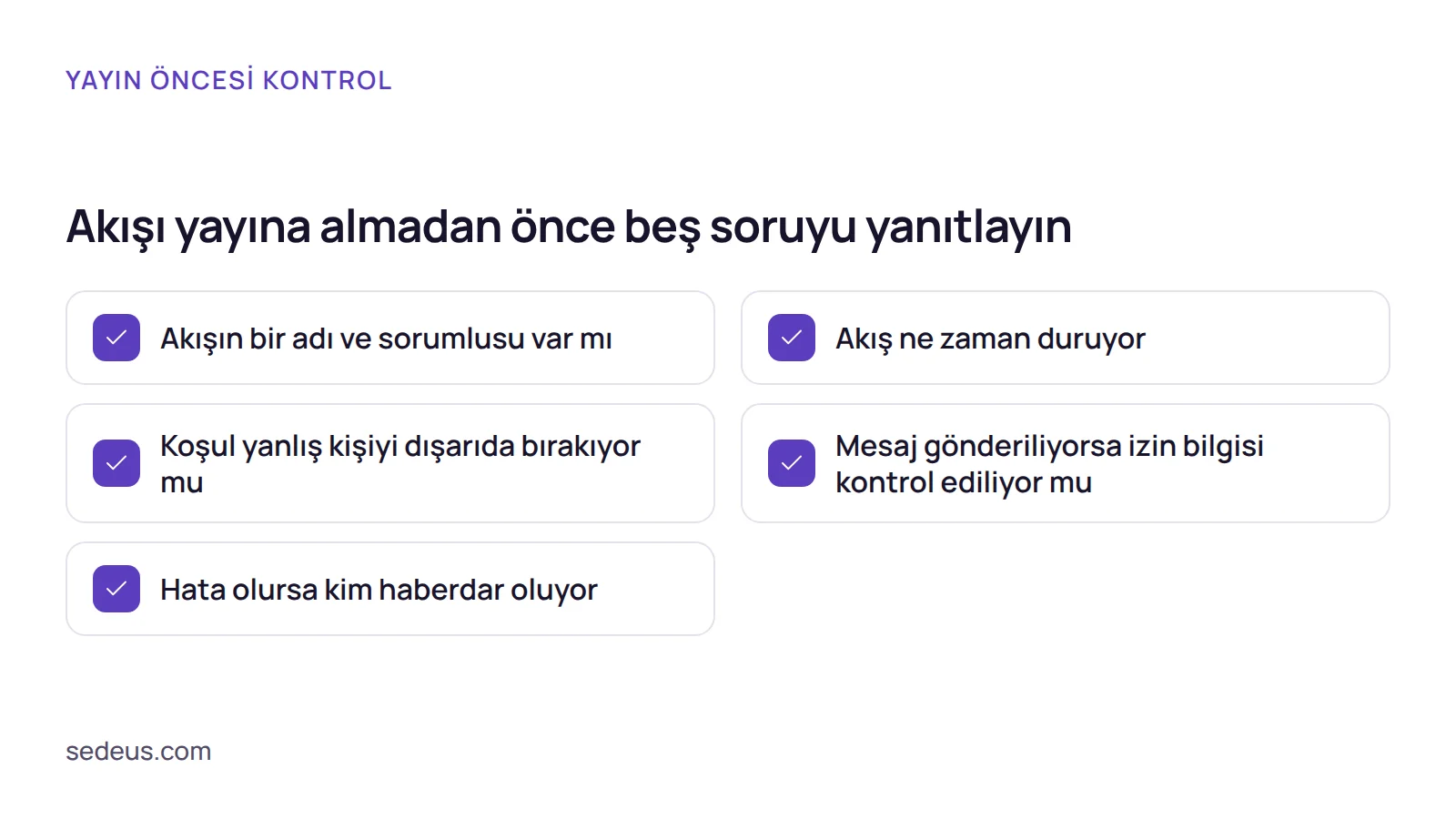Kontrol listesi: crm iş akışı yayına alınmadan önce sahip, durma koşulu, test, izin ve hata bildirimi kontrol edilir.