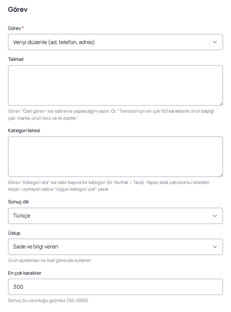 Görev bölümünde Veri düzenle (ad, telefon, adres) seçili