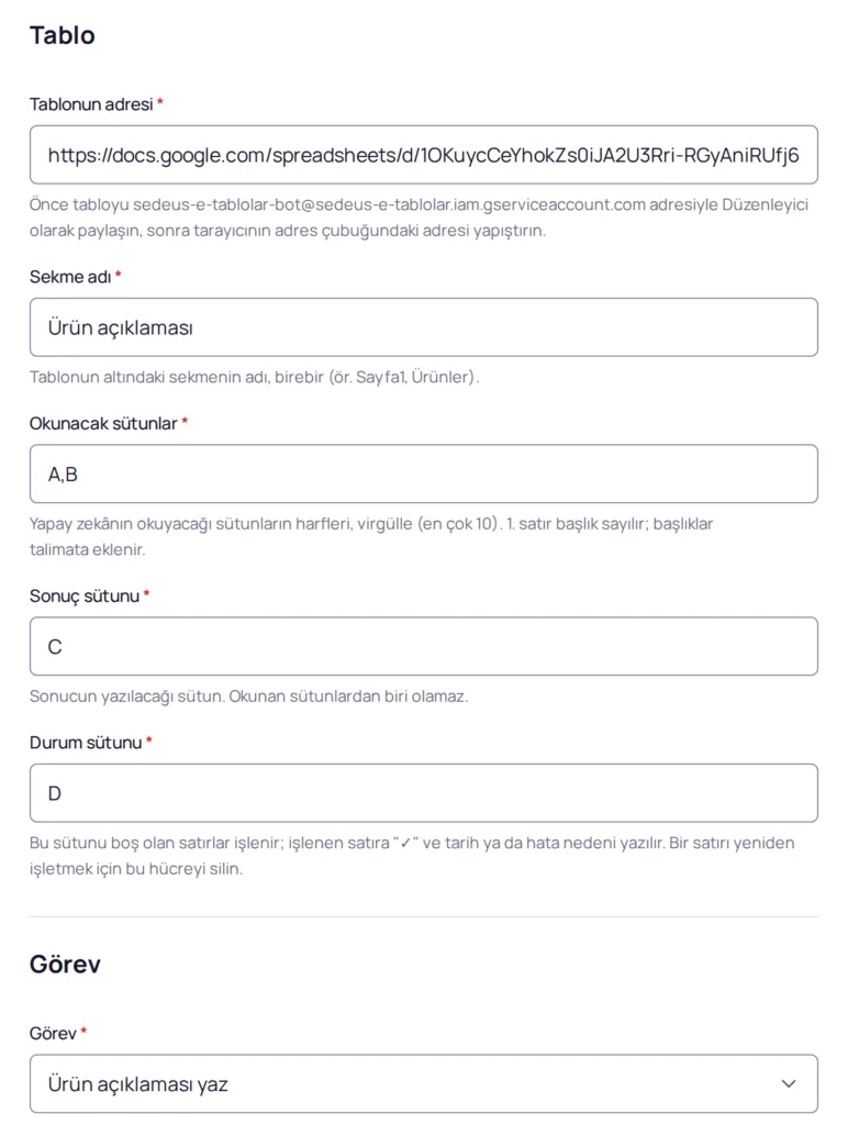 E-Tablolar Yapay Zeka Asistanı ayarları: tablonun adresi, sekme, okunacak sütunlar, sonuç ve durum sütunu, görev