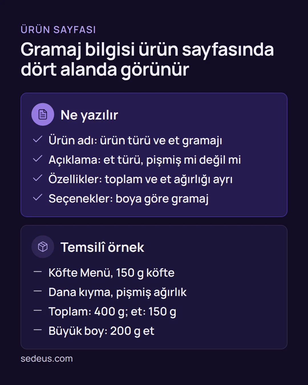 et ürünü gramaj bilgisi - Et Ürünü Gramaj Bilgisi: E-Ticaret İçin 12 Maddelik Liste Karşılaştırma: ürün sayfasında gramaj bilgisinin yazılacağı alanlar ve temsilî örnekler.