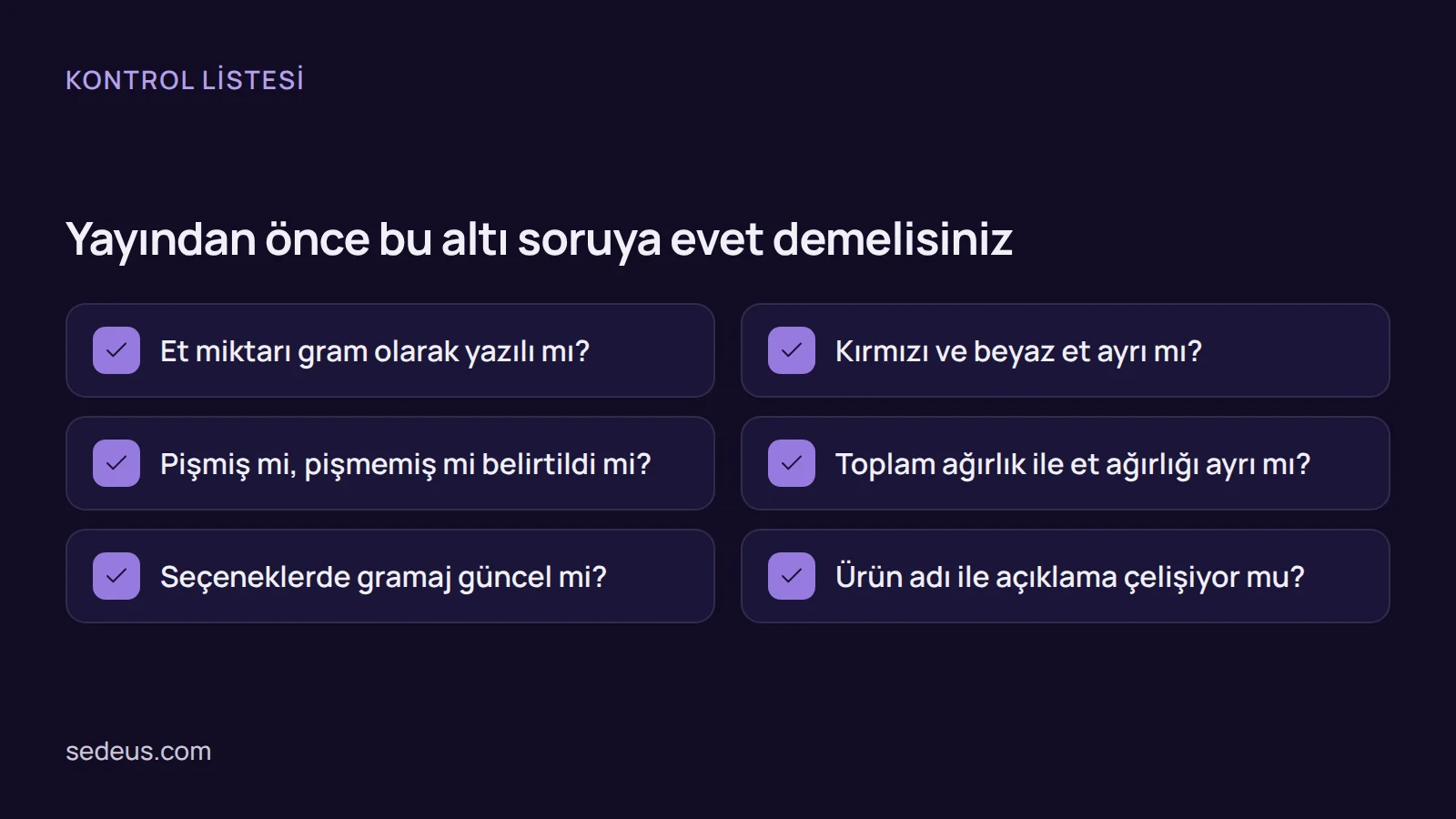 Kontrol listesi: e-ticaret et satışı ürün sayfaları için gramaj açısından temel kontrol soruları.