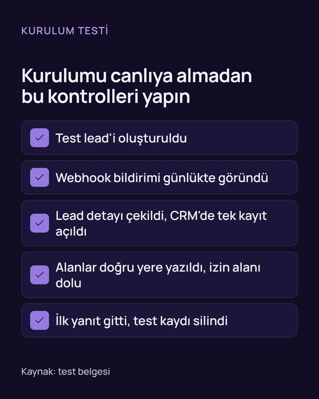 Kontrol listesi: test lead'i oluşturmaktan test kaydını silmeye kadar CRM aktarımını doğrulayan beş madde.