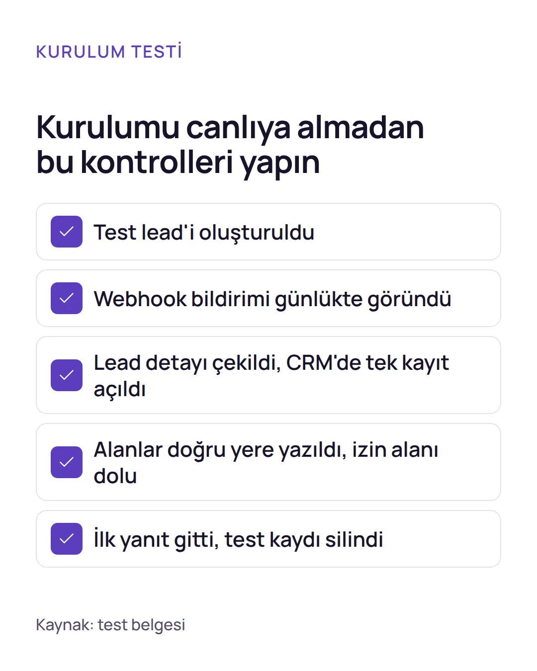 Kontrol listesi: test lead'i oluşturmaktan test kaydını silmeye kadar CRM aktarımını doğrulayan beş madde.
