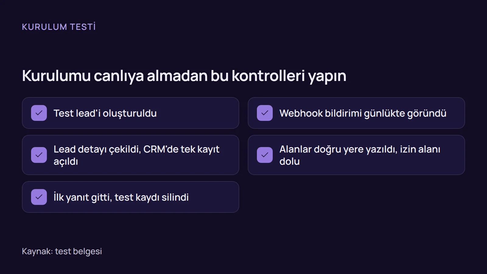Kontrol listesi: test lead'i oluşturmaktan test kaydını silmeye kadar CRM aktarımını doğrulayan beş madde.