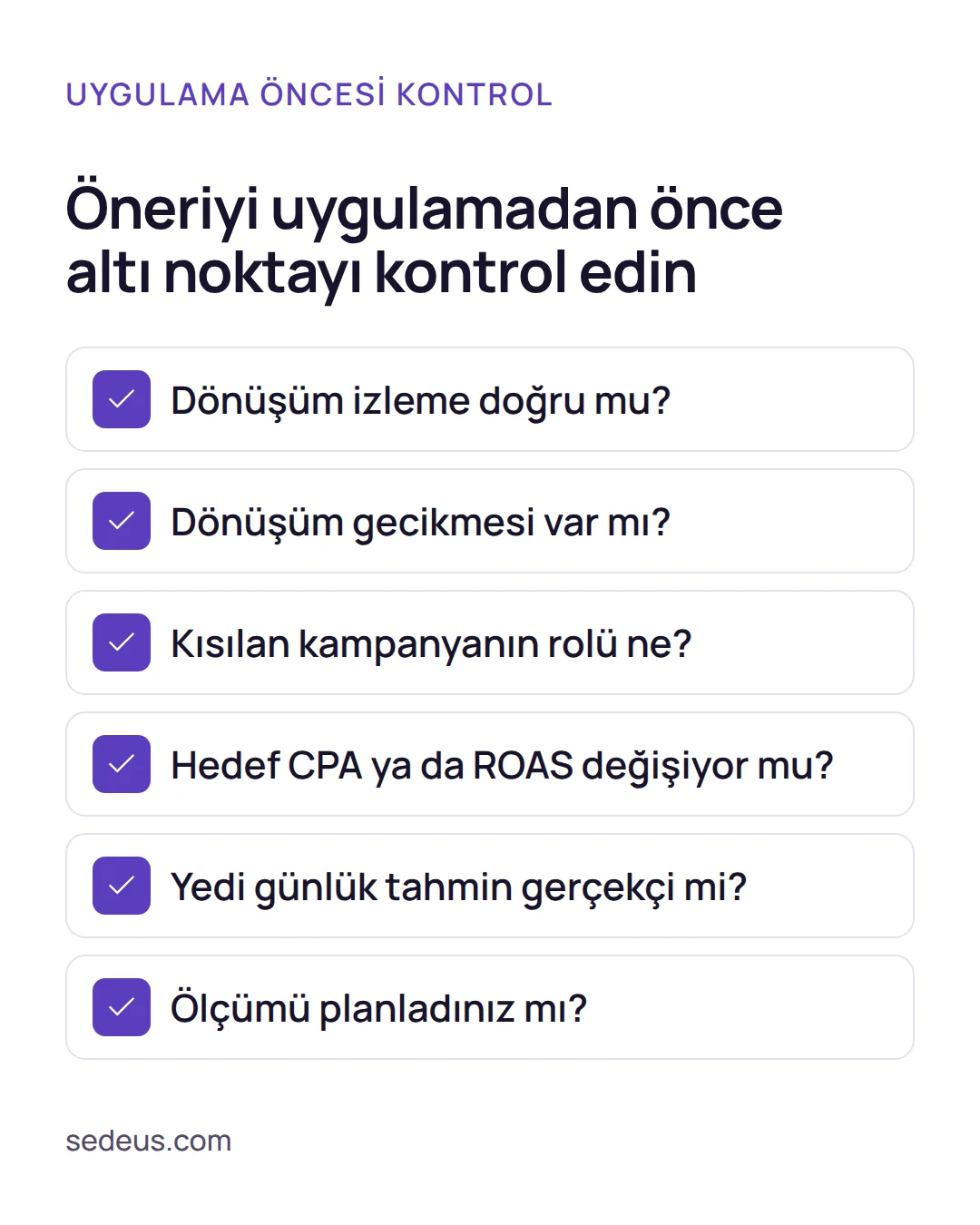 Kontrol listesi: Google ads bütçe optimizasyonu önerisini uygulamadan önce bakılacak altı madde sıralanır.