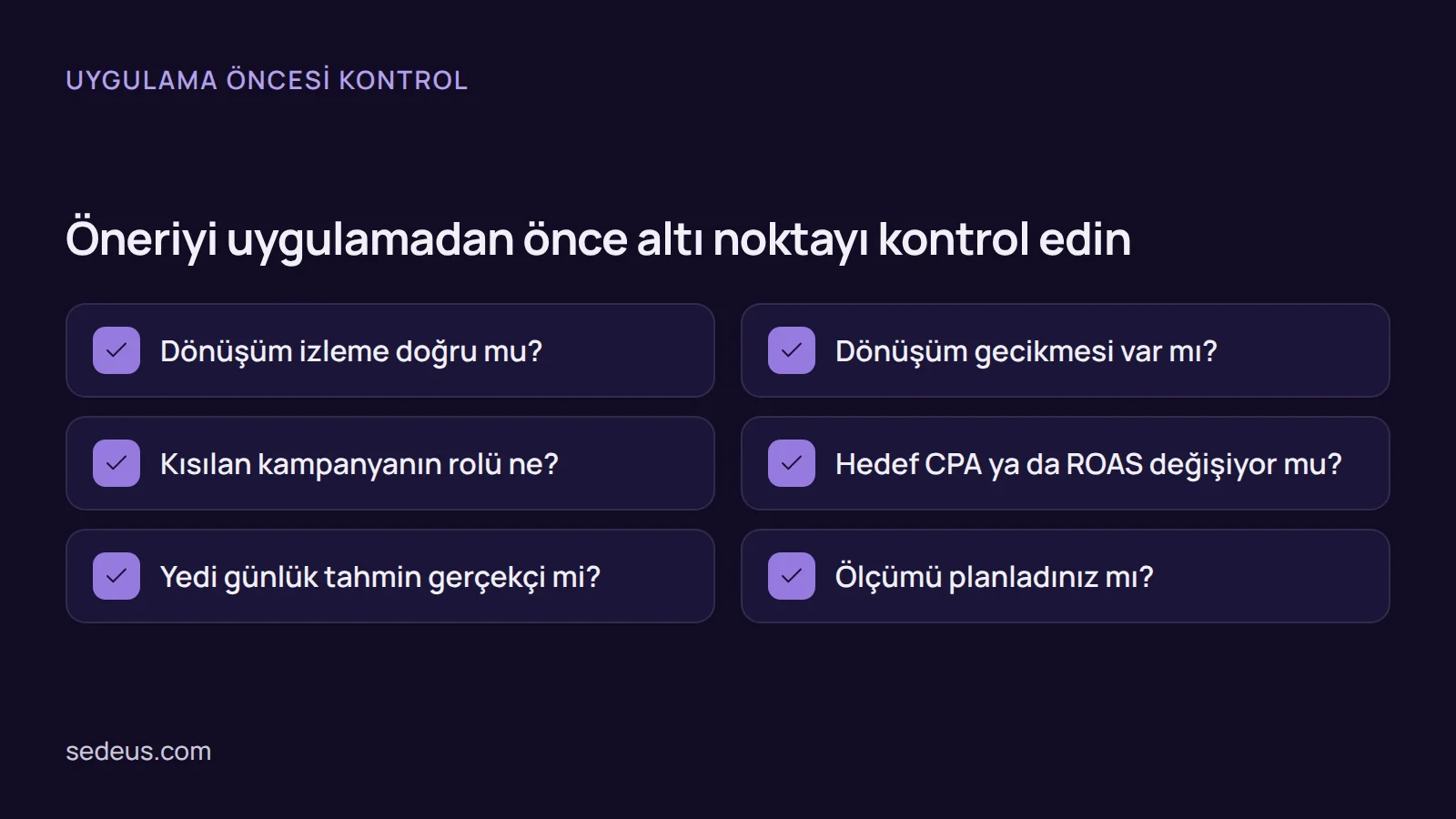 Kontrol listesi: Google ads bütçe optimizasyonu önerisini uygulamadan önce bakılacak altı madde sıralanır.