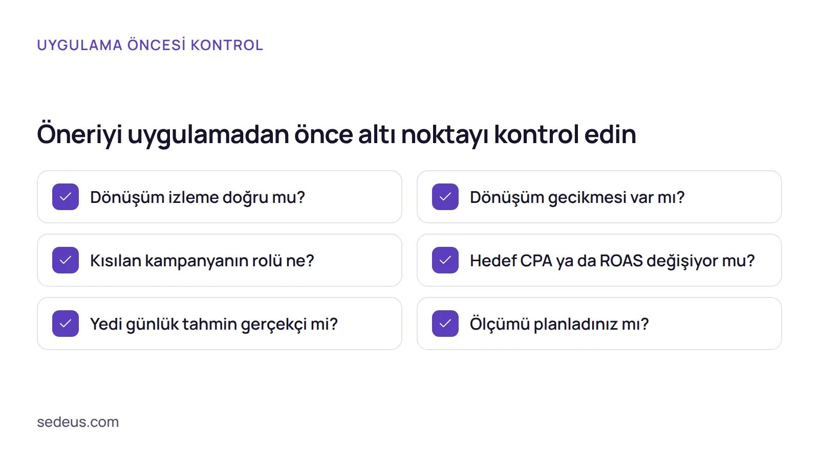 Kontrol listesi: Google ads bütçe optimizasyonu önerisini uygulamadan önce bakılacak altı madde sıralanır.
