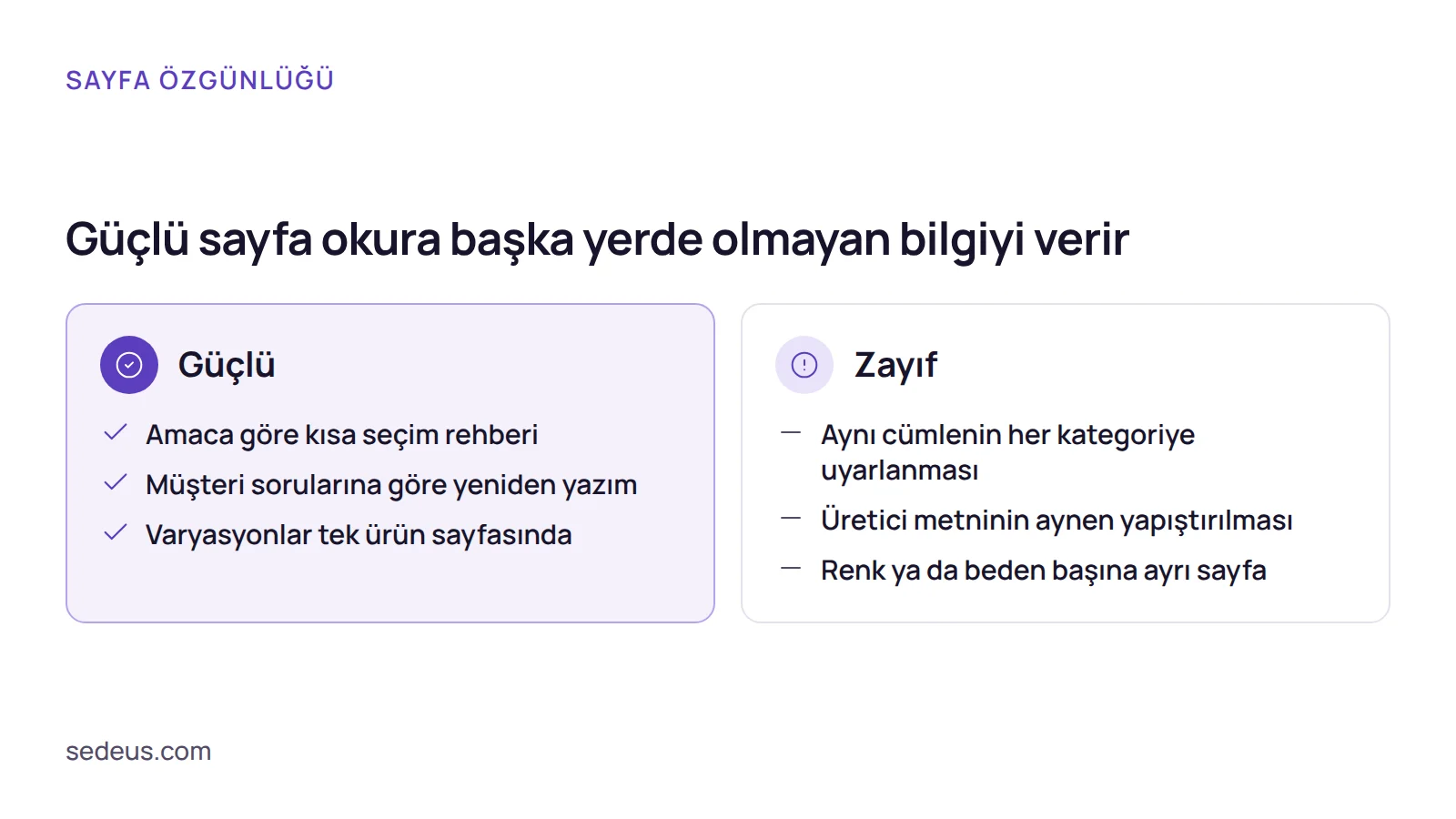 Karşılaştırma: güçlü sayfalar kullanım amacına göre rehber sunarken zayıf sayfalar aynı cümleyi çoğaltır ve üretici metnini yapıştırır.