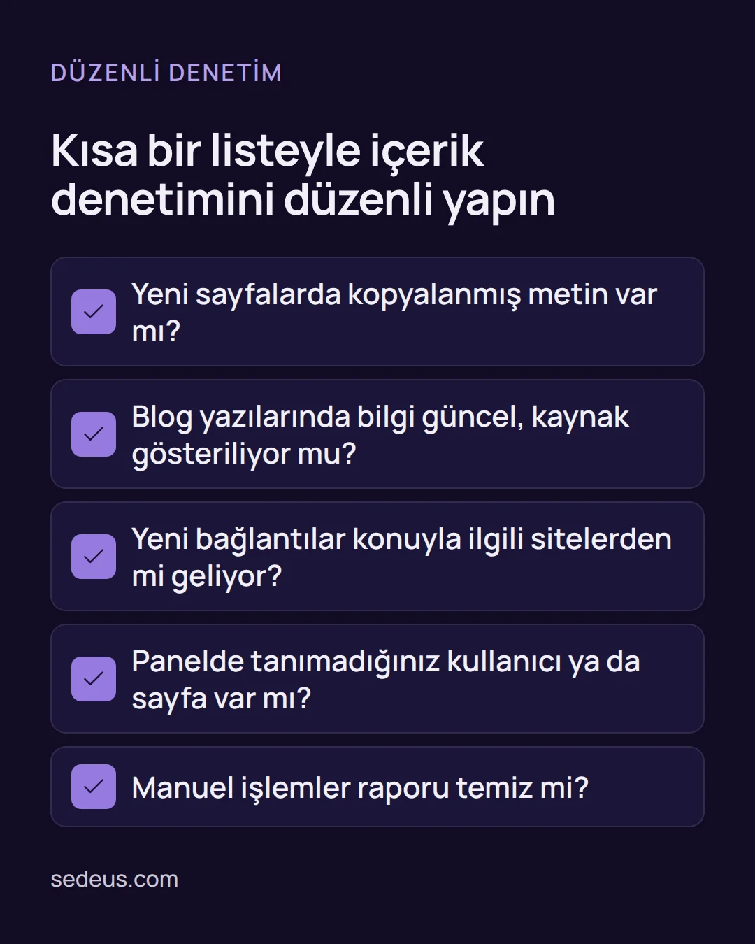Kontrol listesi: kopya metin, blog güncelliği, gelen bağlantılar, yönetici paneli ve Manuel işlemler raporu için beş denetim sorusu.