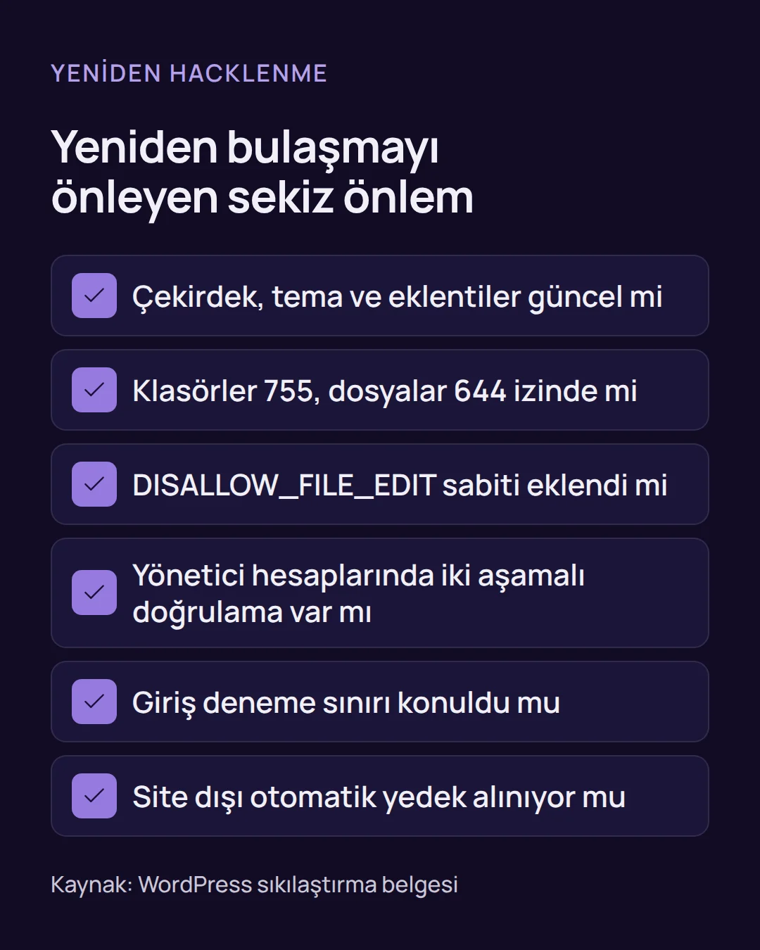 Kontrol listesi: hacklenmiş WordPress sitesinin yeniden bulaşmaması için güncelleme, dosya izinleri, iki aşamalı doğrulama ve yedek önlemleri.