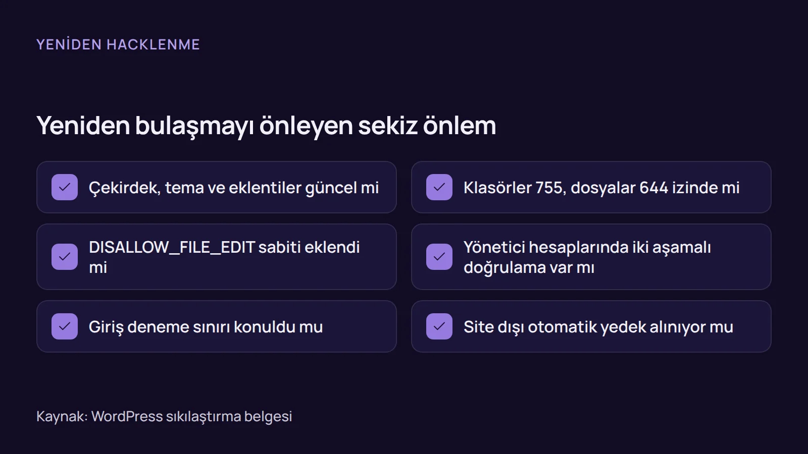 Kontrol listesi: hacklenmiş WordPress sitesinin yeniden bulaşmaması için güncelleme, dosya izinleri, iki aşamalı doğrulama ve yedek önlemleri.