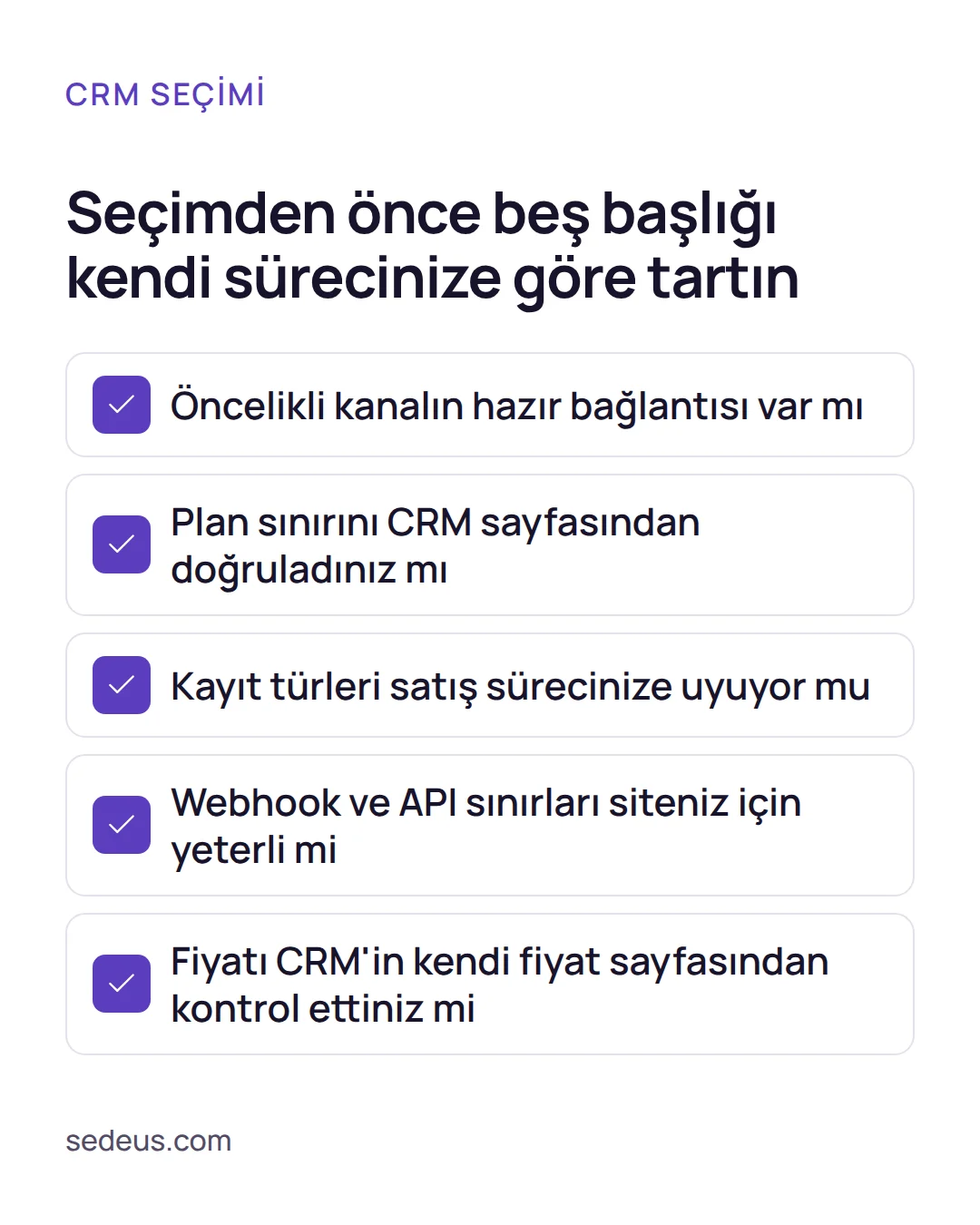 Kontrol listesi: kanallar, plan şartları, veri düzeni, entegrasyon ihtiyacı ve maliyet başlıklarıyla CRM seçimi için bakılacak maddeler.