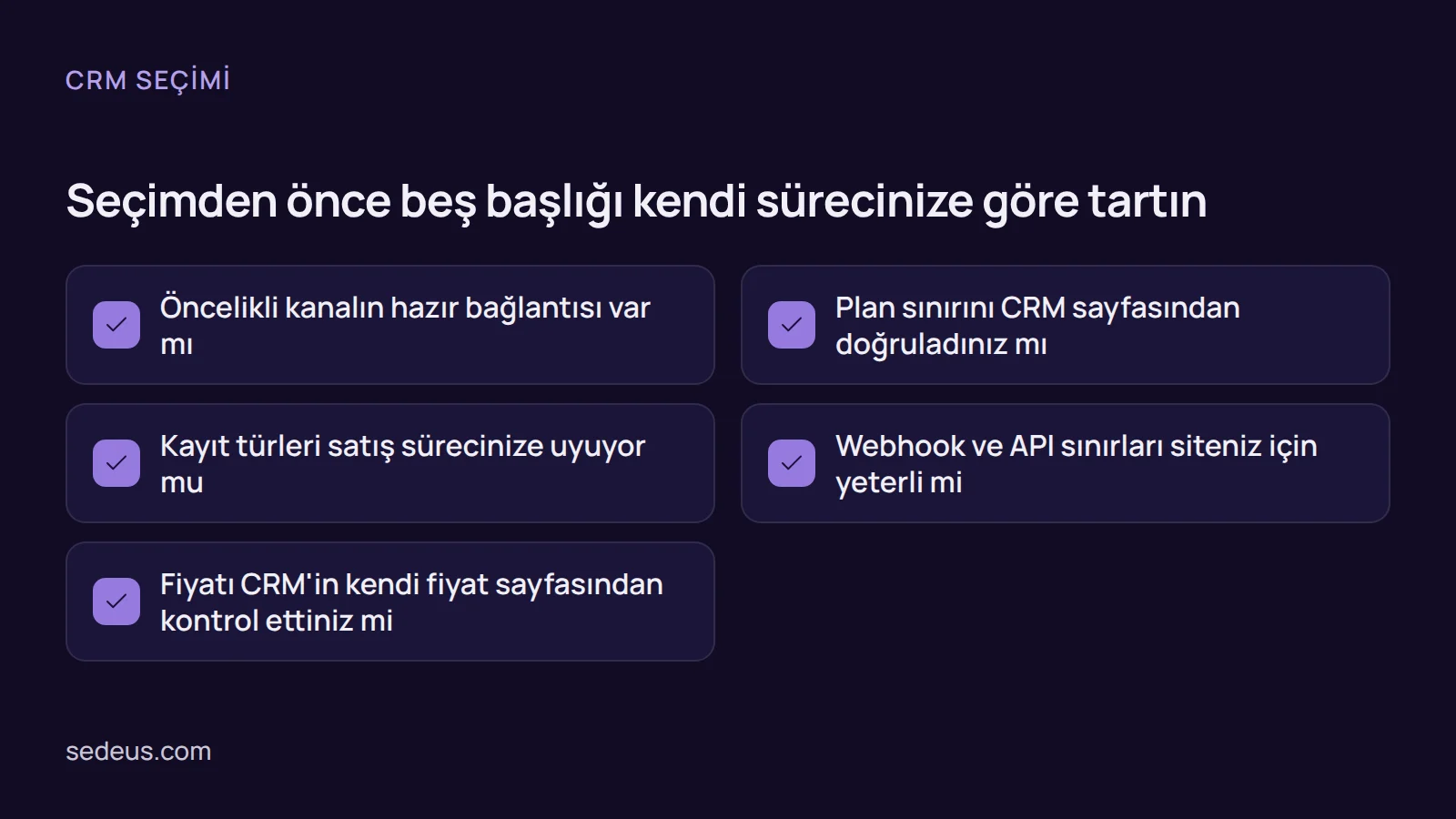 Kontrol listesi: kanallar, plan şartları, veri düzeni, entegrasyon ihtiyacı ve maliyet başlıklarıyla CRM seçimi için bakılacak maddeler.