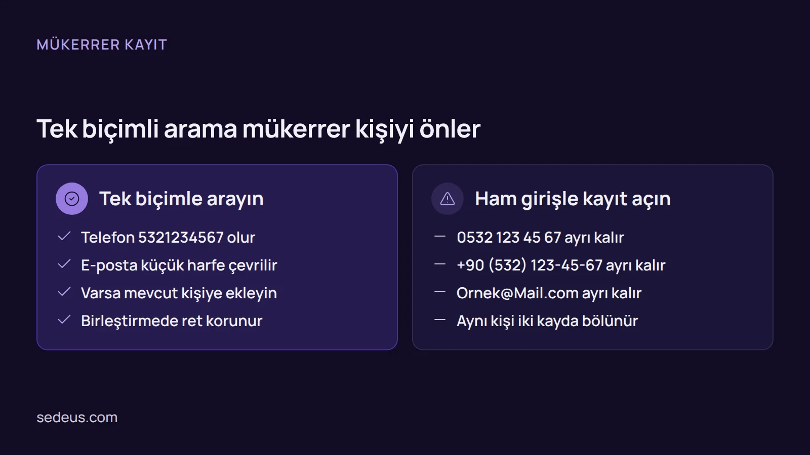 Karşılaştırma: crm mükerrer kayıt oluşmaması için tek biçimli arama ile ham girişle kayıt açmanın farkı.