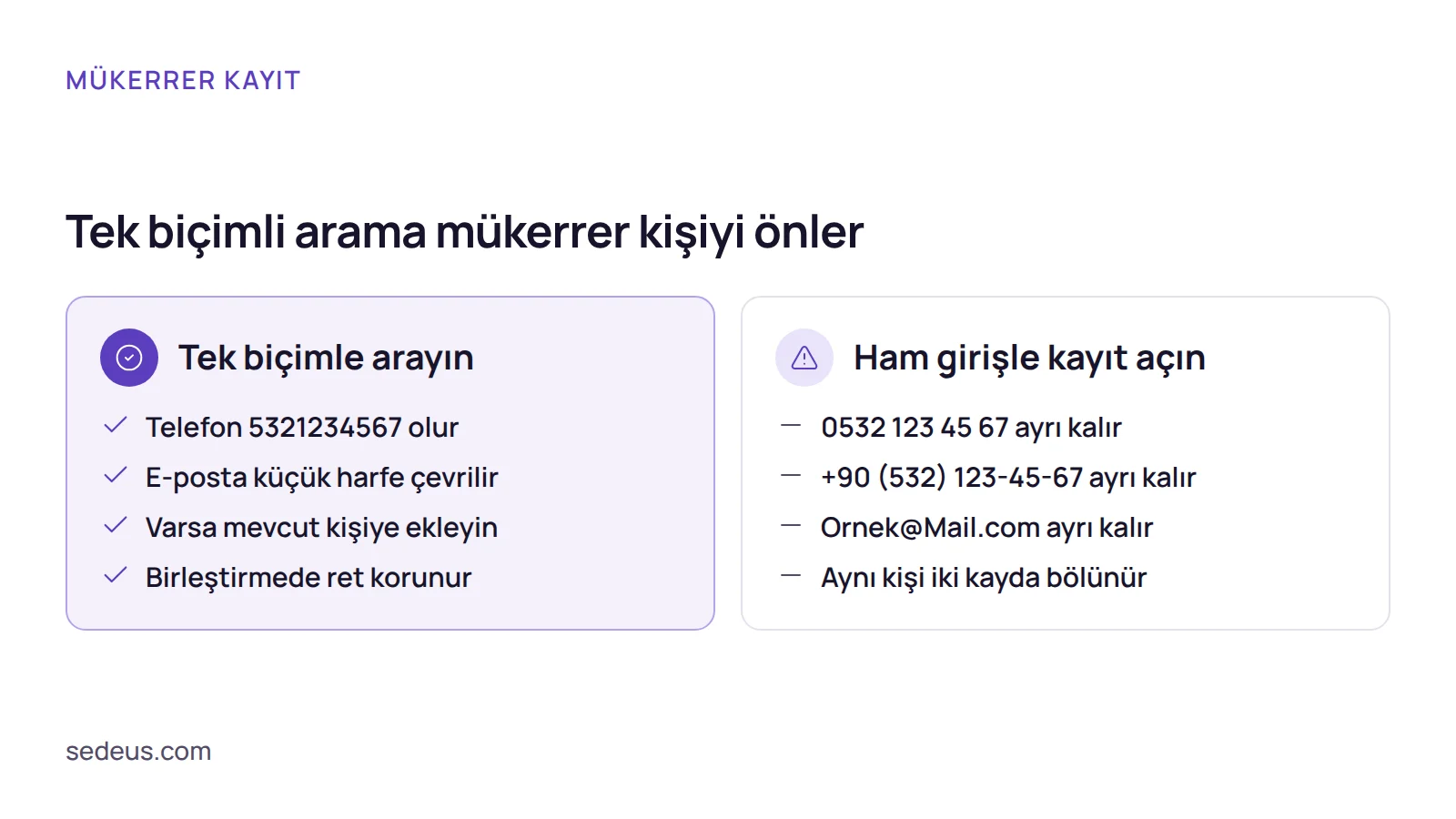 Karşılaştırma: crm mükerrer kayıt oluşmaması için tek biçimli arama ile ham girişle kayıt açmanın farkı.