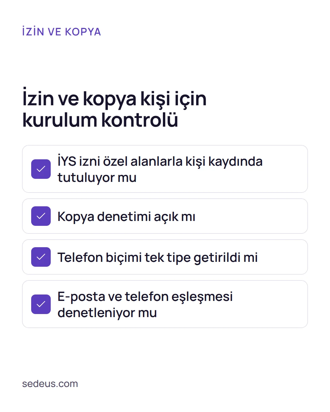 Kontrol listesi: kommo WhatsApp ve kişi kayıtlarında İYS izni ile kopya kişi yönetimi için bakılacak maddeler.