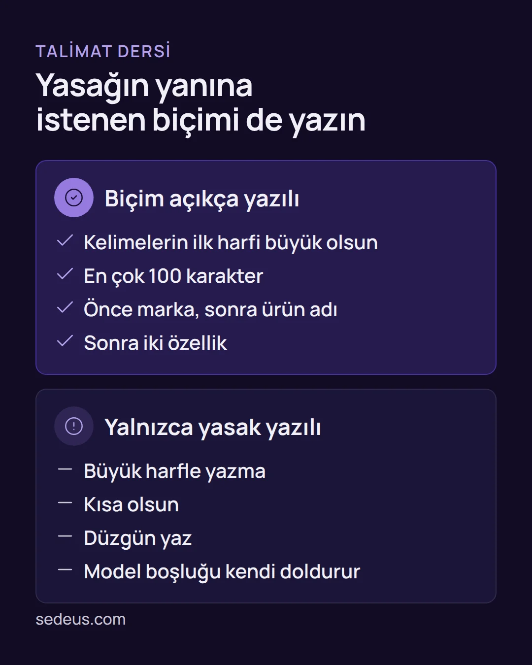 pazaryeri ürün başlığı - Pazaryeri ürün başlığı yazdırma: kendi talimatınızla 4 adım Karşılaştırma: talimatta biçimi açıkça söylemek ile yalnızca yasağı yazmak arasındaki fark, pazaryeri ürün başlığı sonucunda görülür.