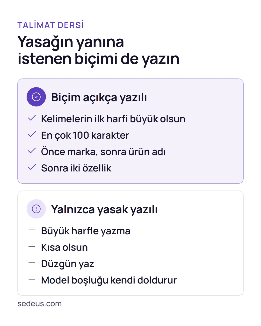 Karşılaştırma: talimatta biçimi açıkça söylemek ile yalnızca yasağı yazmak arasındaki fark, pazaryeri ürün başlığı sonucunda görülür.