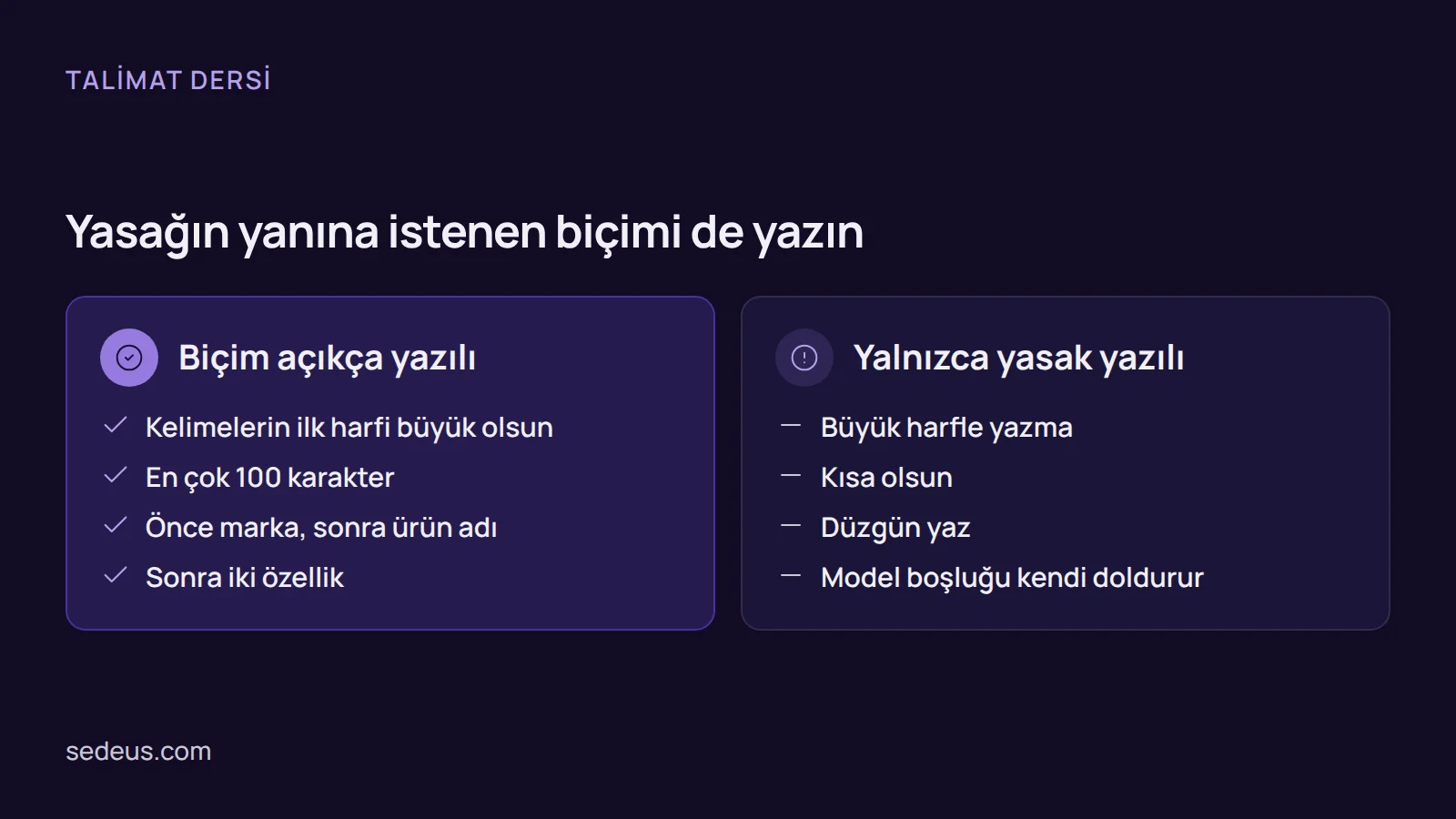 Karşılaştırma: talimatta biçimi açıkça söylemek ile yalnızca yasağı yazmak arasındaki fark, pazaryeri ürün başlığı sonucunda görülür.