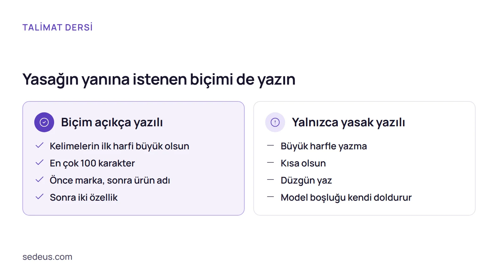 Karşılaştırma: talimatta biçimi açıkça söylemek ile yalnızca yasağı yazmak arasındaki fark, pazaryeri ürün başlığı sonucunda görülür.