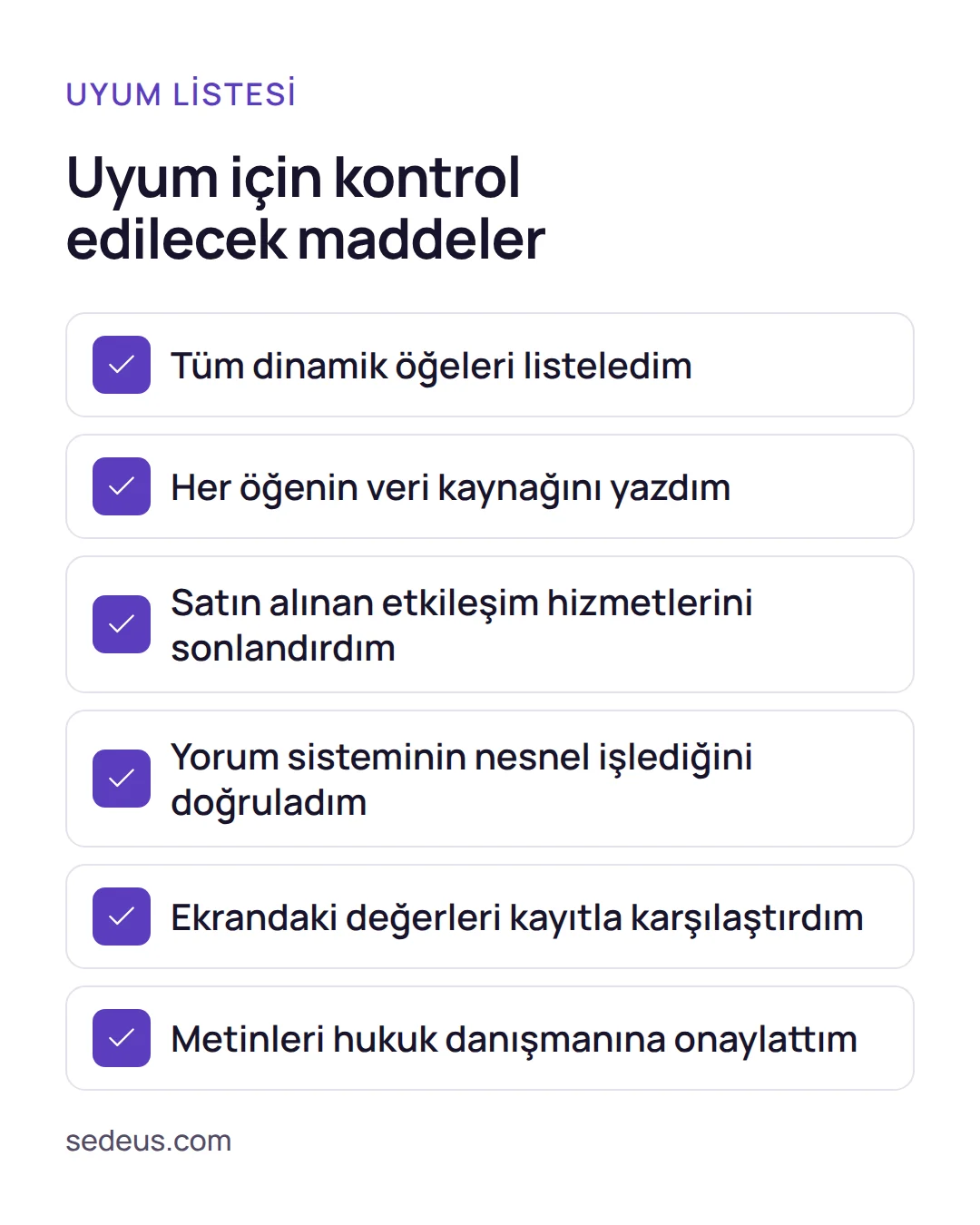 Kontrol listesi: sahte sepet yasağına uyum için dinamik öğelerin, veri kaynaklarının, yorum sisteminin ve fiyat etiketlerinin denetlenmesi.
